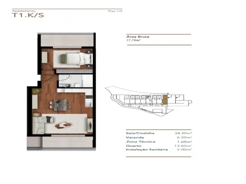 Apartamento T1 em Santa Luzia - Fração K
